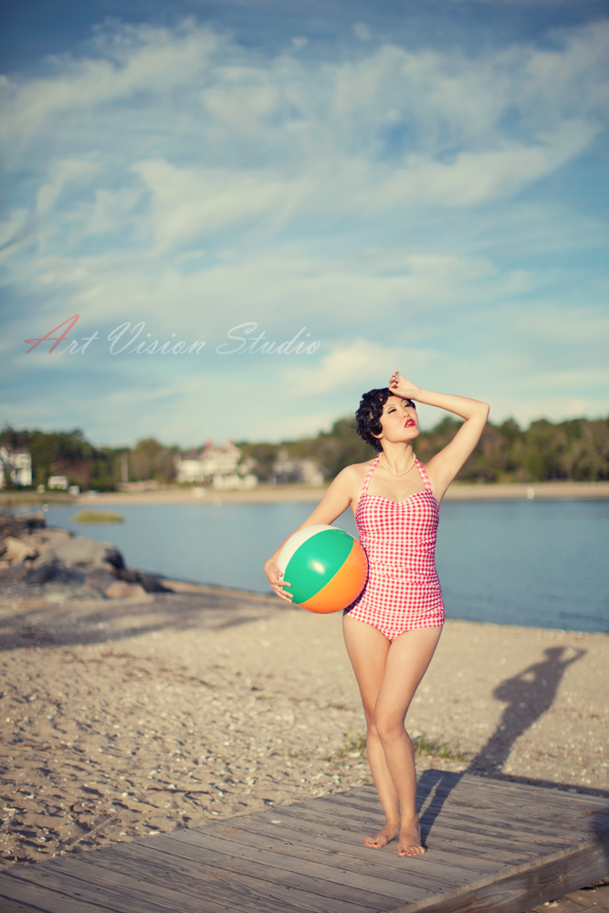 Vintage themed model beach photo session - Retro themed portraiture photography in Fairfield County