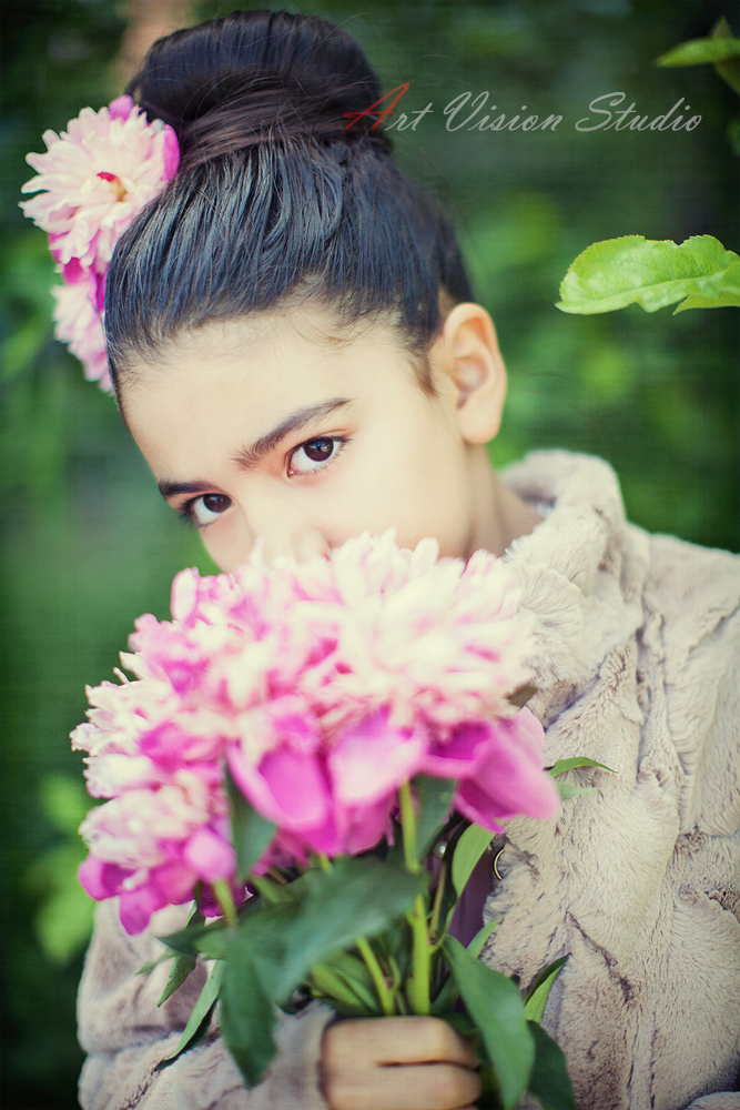 Stamford, CT children photographer - Portrait of a girl with peonies